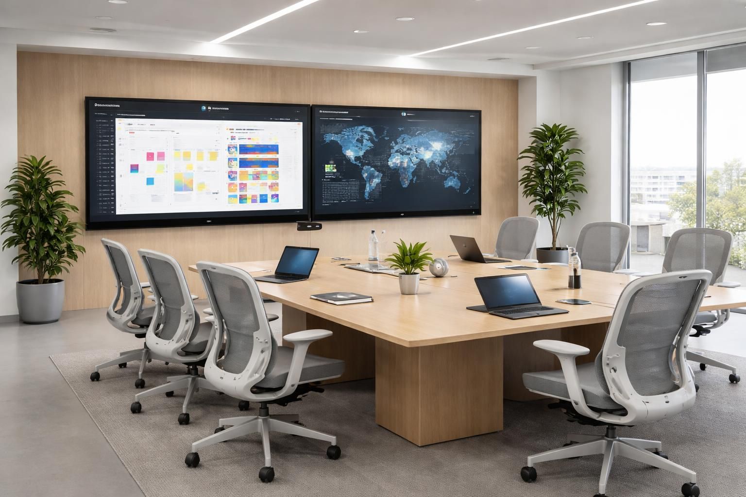 découvrez notre salle de réunion moderne équipée d'écrans interactifs, de mobilier ergonomique herman miller et d'une acoustique optimisée pour des échanges productifs et confortables.