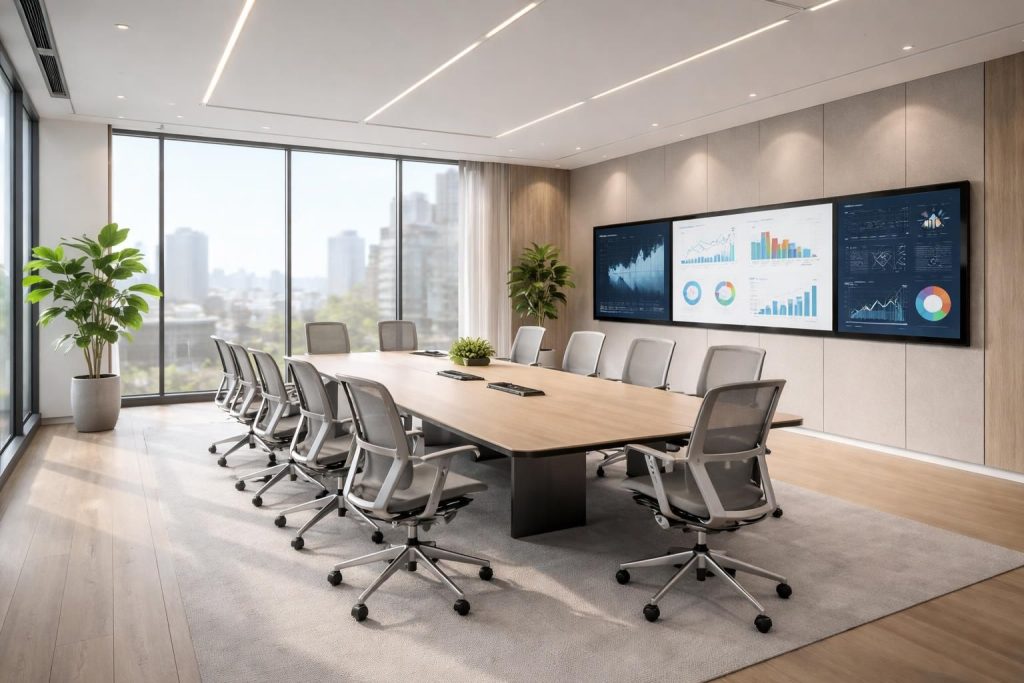 Salle de réunion moderne avec écrans interactifs, mobilier Herman Miller et acoustique optimisée