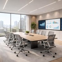 découvrez notre salle de réunion moderne équipée d'écrans interactifs, de mobilier herman miller ergonomique, et d'une acoustique optimisée pour des échanges productifs et confortables.