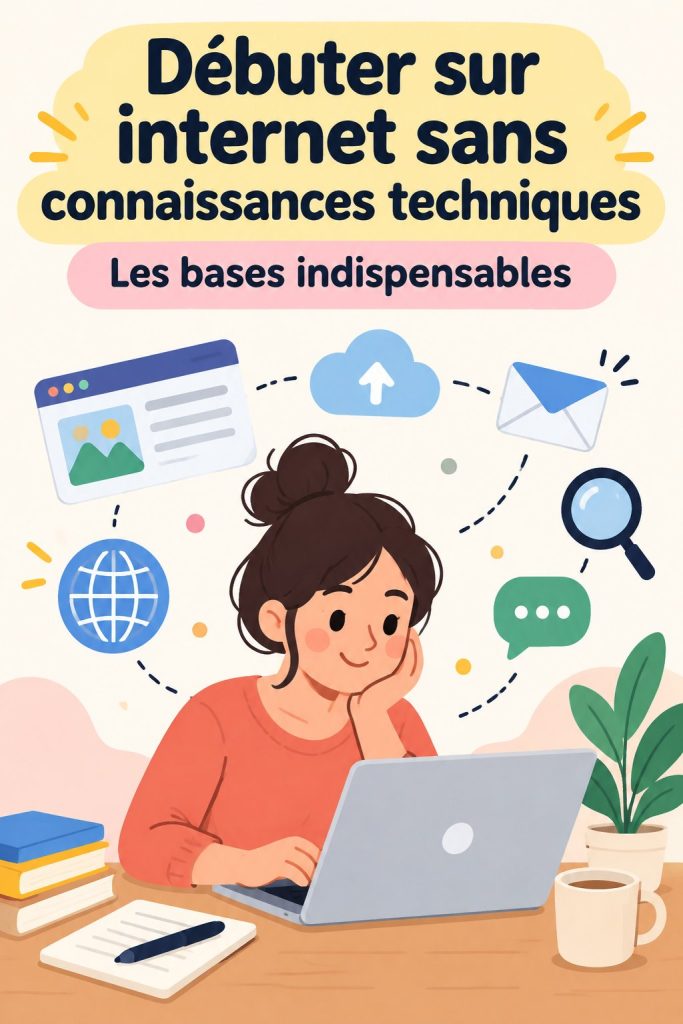 Personne utilisant un ordinateur pour apprendre sur Internet sans compétences techniques.