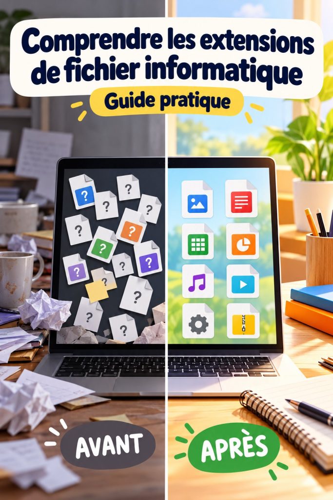 Illustration représentant différentes extensions de fichiers informatiques sur un écran d'ordinateur